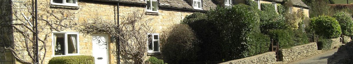 A row of stone cottages behind a low wall, with hedges and bare climbing plants on the front elevations.